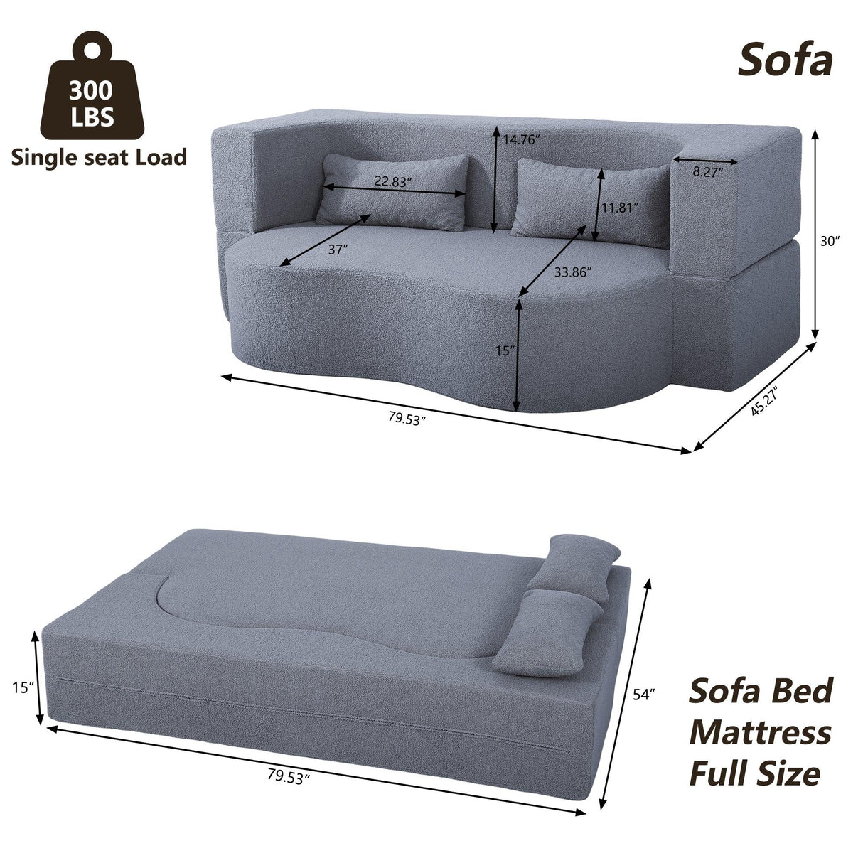 Full Size Convertible Teddy Fabric Sofa Bed With Pillows - Omega Lifestyles