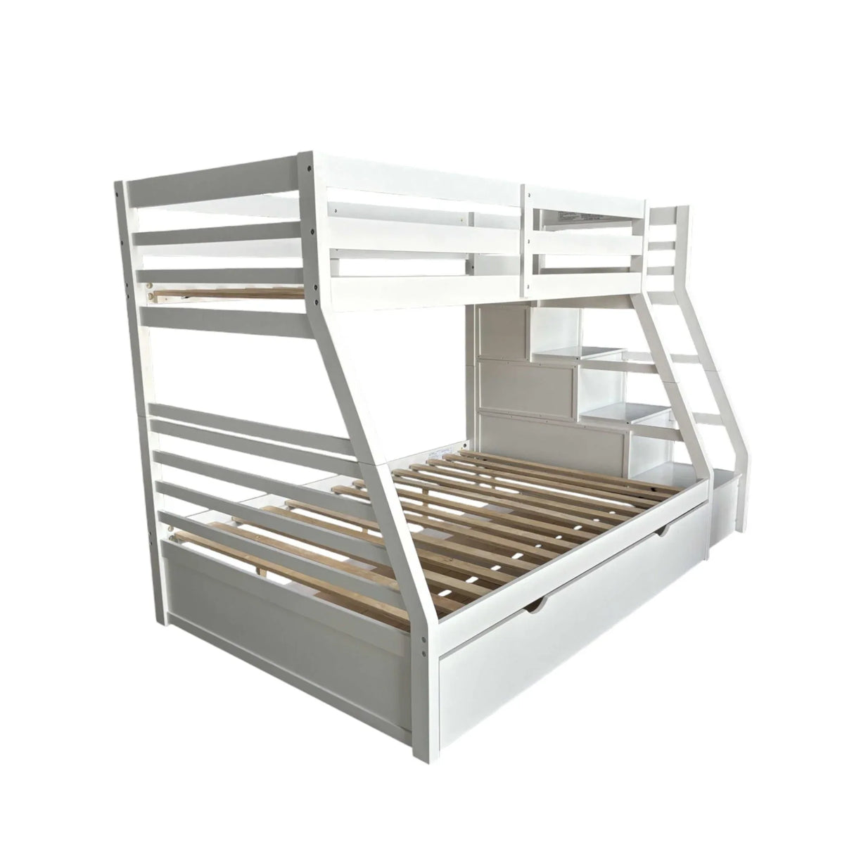 Twin Full White Synthetic Wood Bunk Bed With Trundle Storage - Omega Lifestyles