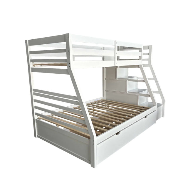 Twin Full White Synthetic Wood Bunk Bed With Trundle Storage - Omega Lifestyles