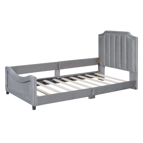 Twin Upholstered Velvet Daybed With Classic Stripe Headboard - Omega Lifestyles