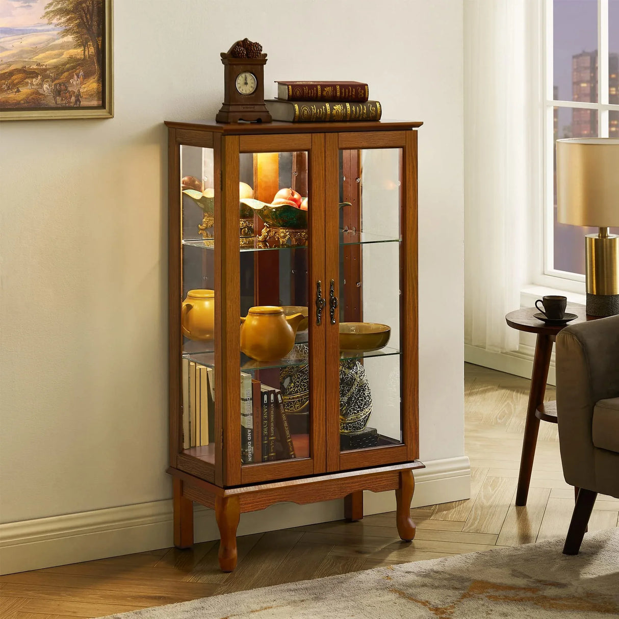 Lighted Oak Curio Cabinet With Adjustable Tempered Glass Shelves - Omega Lifestyles