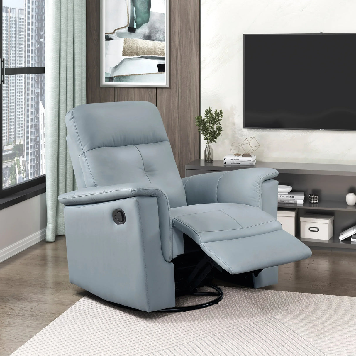 Blue Leather Upholstered Swivel Glider Reclining Chair - Omega Lifestyles