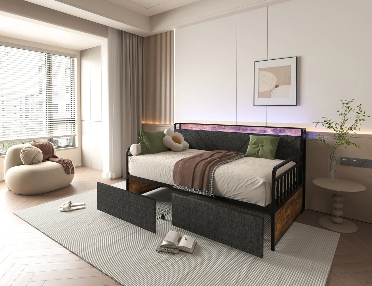 Twin Metal Bed Frame With Upholstered Headboard Charging - Omega Lifestyles