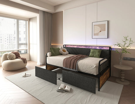 Twin Metal Bed Frame With Upholstered Headboard Charging - Omega Lifestyles