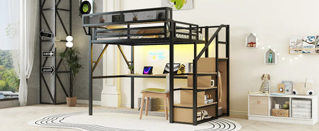 Full Metal Full Size Loft Bed With Desk Charging Station - Omega Lifestyles