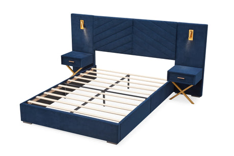 Queen Blue Velvet Wingback Upholstered Platform Bed Frame - Omega Lifestyles