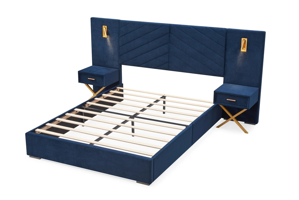 King Velvet Upholstered Platform Bed Frame With LED Lights - Omega Lifestyles