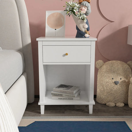 White MDF Kids Wooden Nightstand With Drawer Shelf - Omega Lifestyles
