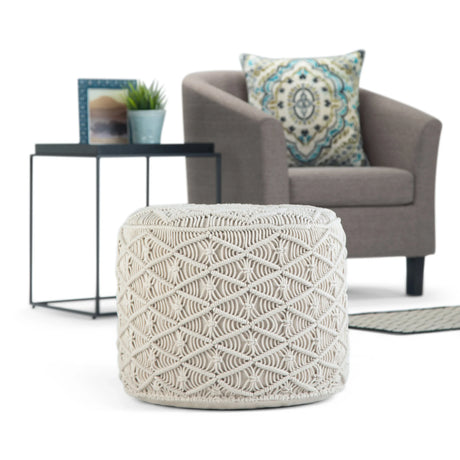 Round Handcrafted Cotton Macrame Pouf Accent Stool - Omega Lifestyles