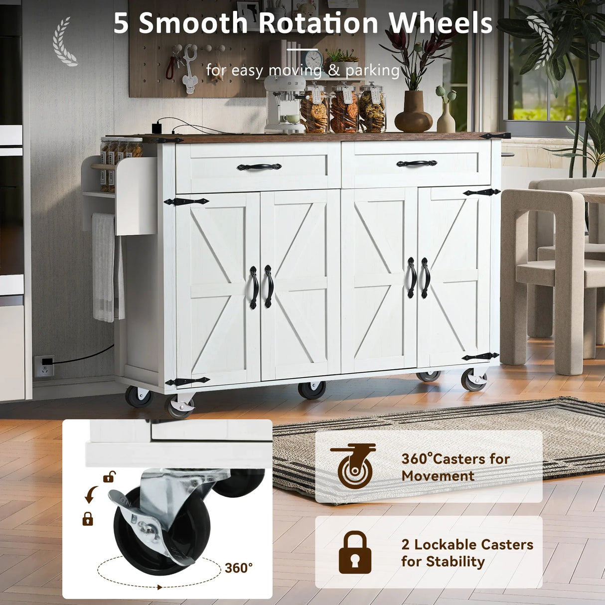 Farmhouse Style Rolling Kitchen Island With Power Outlet - Omega Lifestyles
