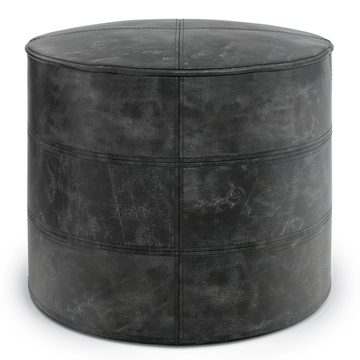 Round Distressed Buffalo Leather Pouf Ottoman - Omega Lifestyles
