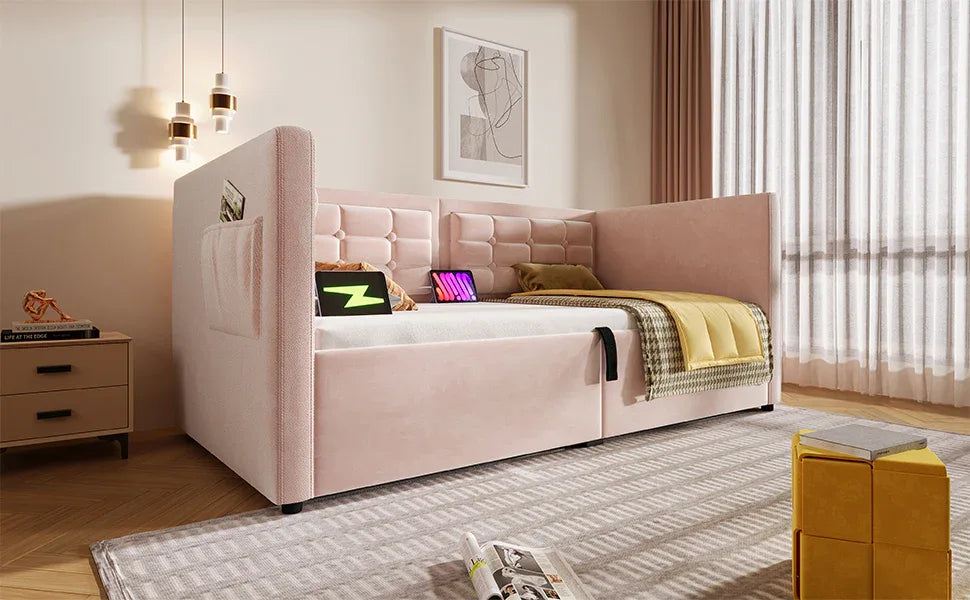 Twin Pink Velvet Upholstered Hydraulic Storage Bed Frame - Omega Lifestyles