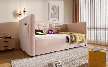 Twin Pink Velvet Upholstered Hydraulic Storage Bed Frame - Omega Lifestyles
