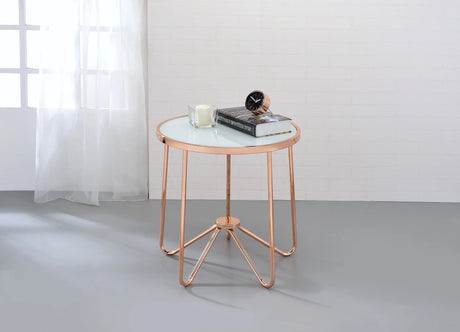 Frosted Glass Rose Gold Finish Round End Table - Omega Lifestyles