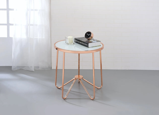 Frosted Glass Rose Gold Finish Round End Table - Omega Lifestyles