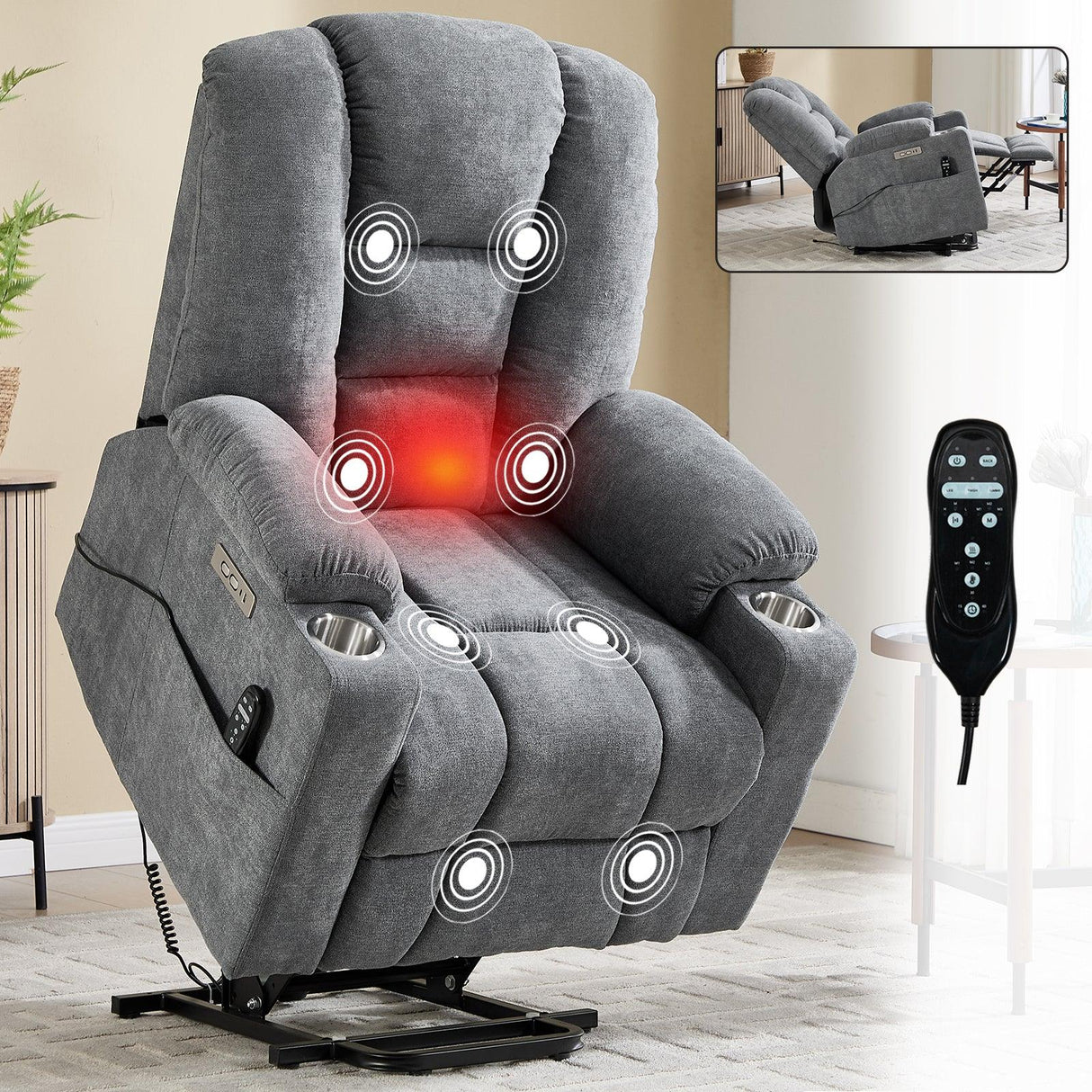 Power Lift Medium-Firm Chenille Upholstered Recliner Chair - Omega Lifestyles