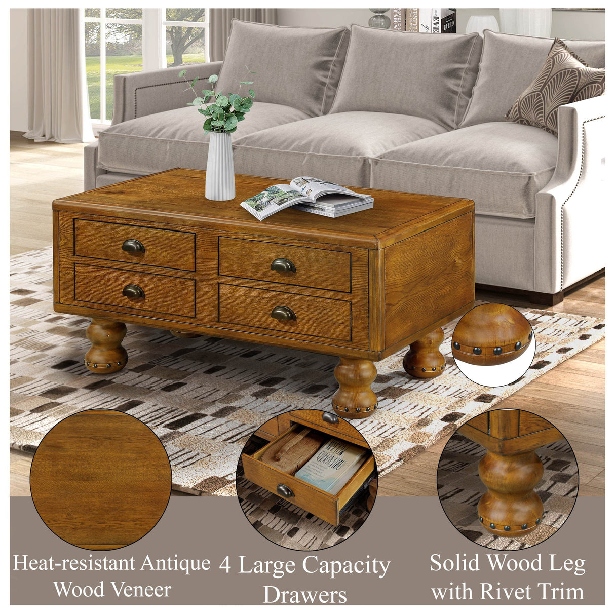 Solid Wood 40-Inch Antique Coffee Table With Drawers - Sleep Galleria