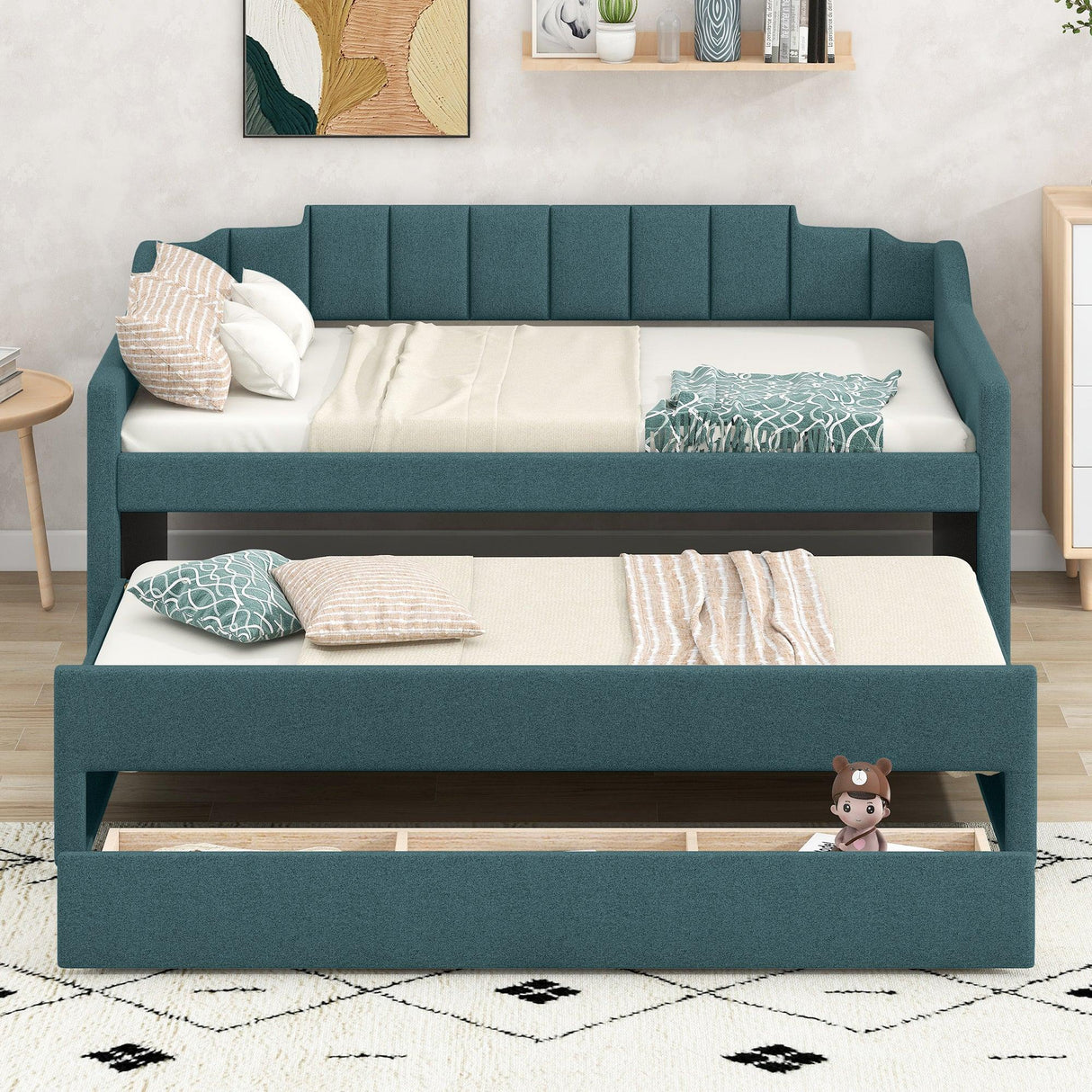 Twin Linen-Blend Upholstered Daybed With Trundle And Drawers - Omega Lifestyles