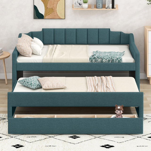 Twin Linen-Blend Upholstered Daybed With Trundle And Drawers - Omega Lifestyles