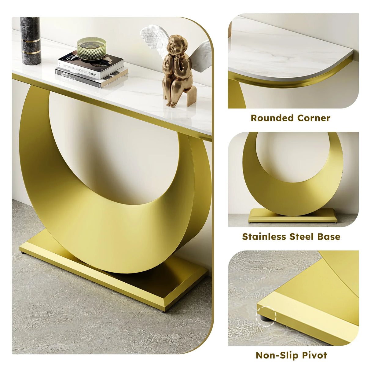 Half-Moon Faux Marble Top Gold Metal Console Table - Omega Lifestyles