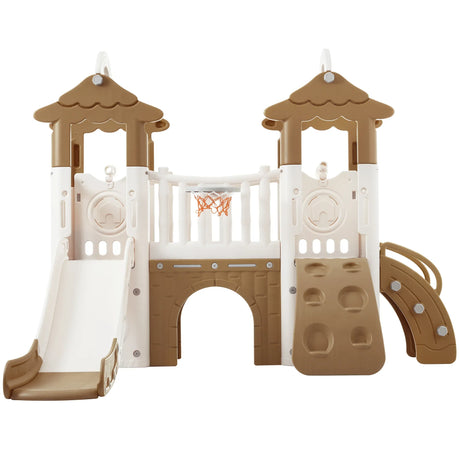 8-in-1 Toddler Freestanding Slide Climber Playset Brown - Omega Lifestyles