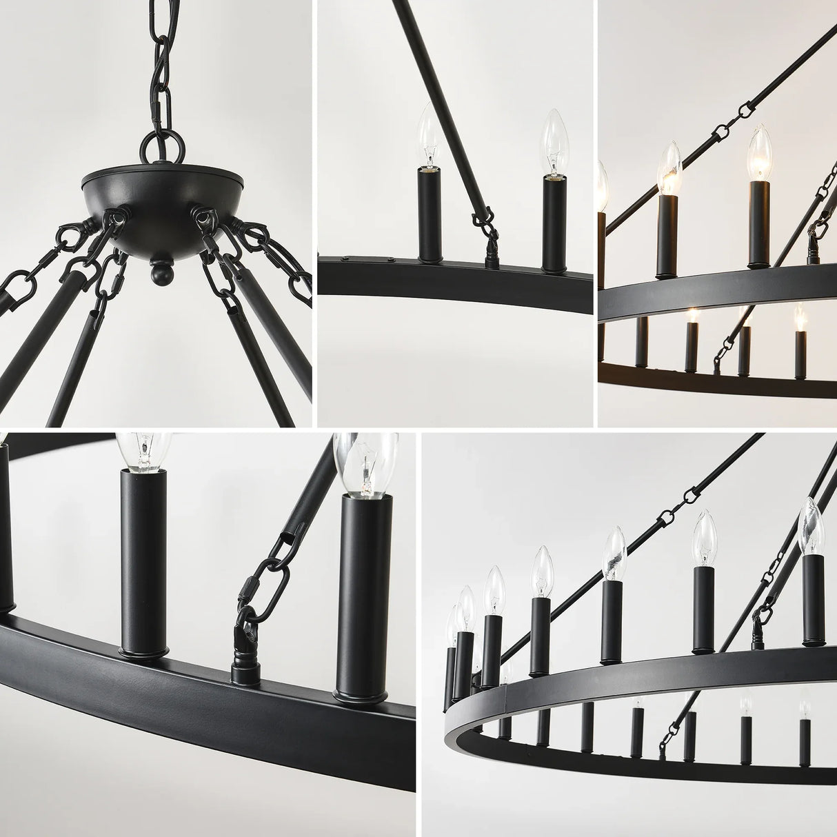 Farmhouse Matte Black Wagon Wheel Chandelier 36-Light 64-Inch - Omega Lifestyles