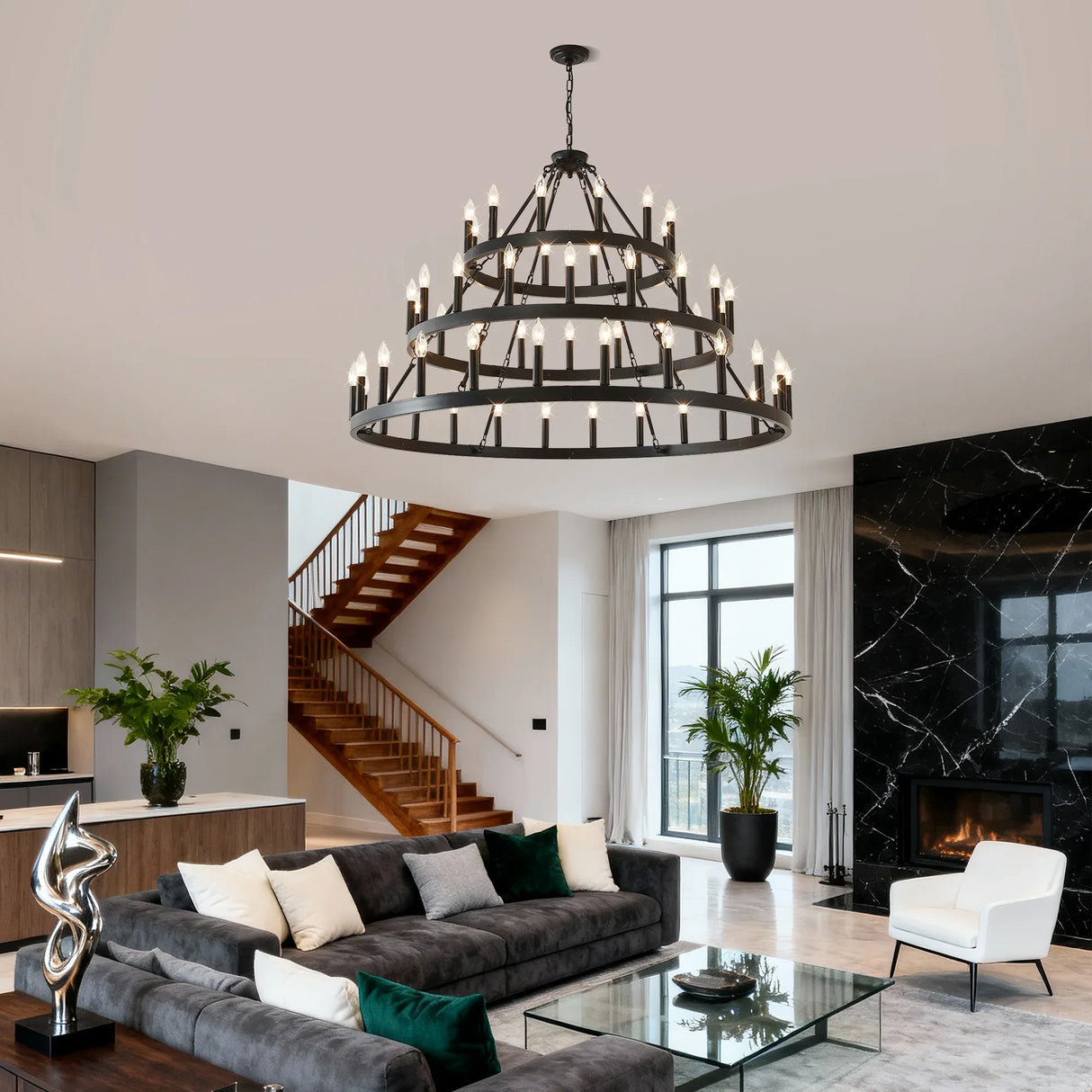 Farmhouse 54-Light Matte Black Wagon Wheel Chandelier - Omega Lifestyles