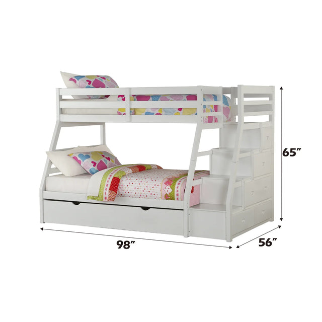 Twin Full White Synthetic Wood Bunk Bed With Trundle Storage - Omega Lifestyles
