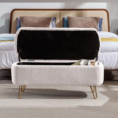 Ivory Faux Fur Upholstered Storage Bench With Gold Legs - Omega Lifestyles