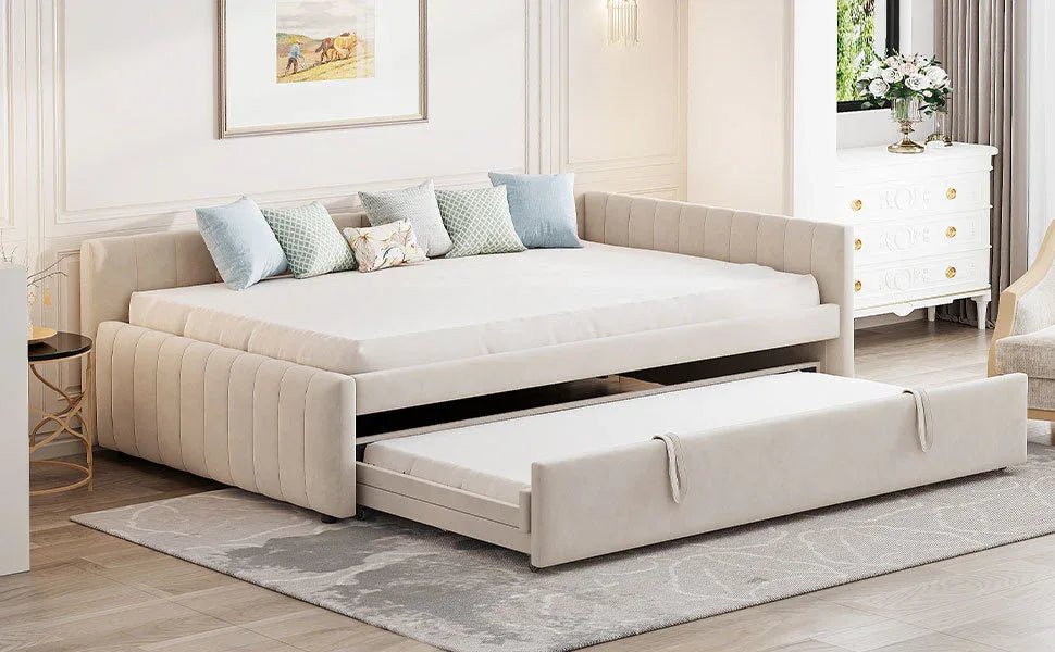 Full Upholstered L-Shaped Daybed With Twin Trundle - Omega Lifestyles
