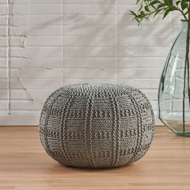 Knitted Cotton Round 20-Inch Grey Pouf - Omega Lifestyles