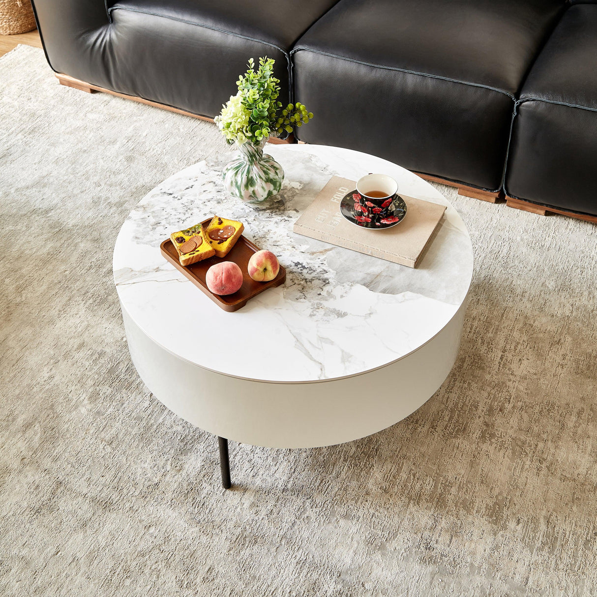 Round Ceramic Top Coffee Table With Drawers And Metal Legs - Omega Lifestyles