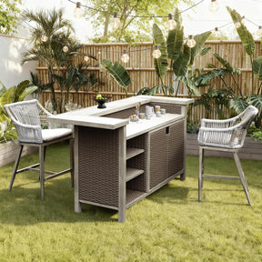 Outdoor Patio Aluminum Wicker Bar Table With Stools Set Of 3 - Omega Lifestyles