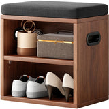 Walnut Wood Small Shoe Storage Bench With Cushion Seating - Omega Lifestyles