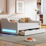 Twin XL Linen Upholstered Daybed With LED Lighting And Drawers - Omega Lifestyles