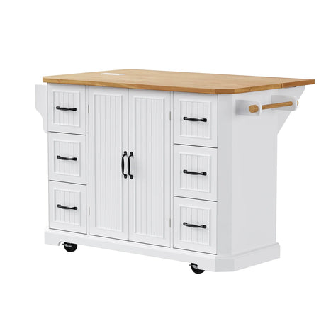 Rustic White Rubber Wood Rolling Kitchen Island Cart - Omega Lifestyles