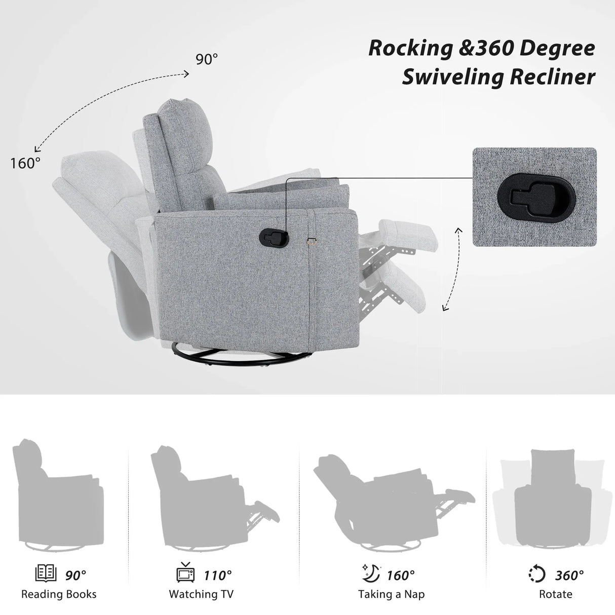 Manual Rocker Swivel Linen Upholstered Recliner Chair With Pillows - Omega Lifestyles