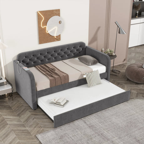 Twin Velvet Upholstered Daybed Frame With Trundle USB - Omega Lifestyles
