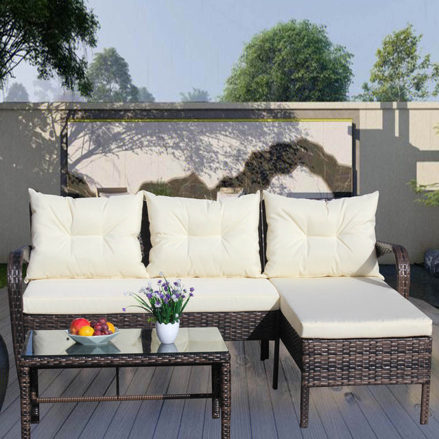 3-Piece Outdoor Brown Rattan Conversation Sofa Set With Cushions - Omega Lifestyles