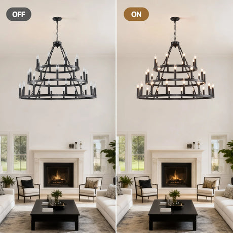 Farmhouse Wagon Wheel 36-Light Matte Black Chandelier - Omega Lifestyles