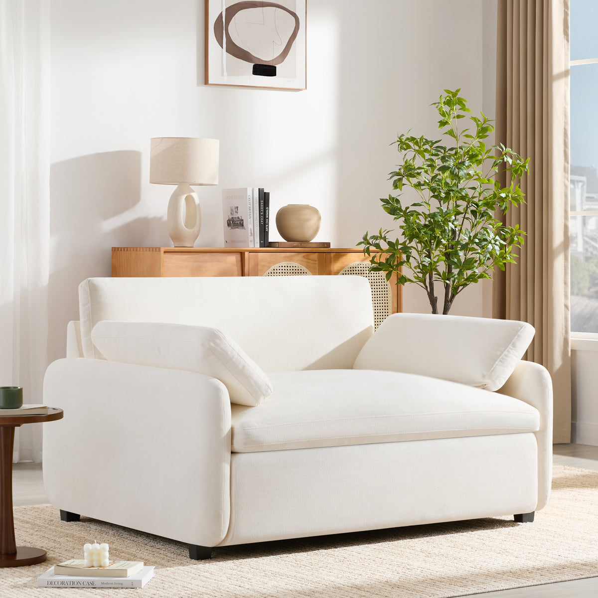 Oversized Cream Chenille Single Sofa Armchair With Pillows