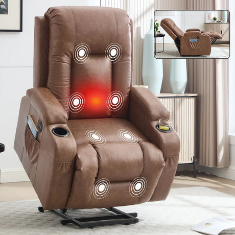 Brown PU Leather Medium-Firm Massage Power Lift Recliner Chair - Omega Lifestyles