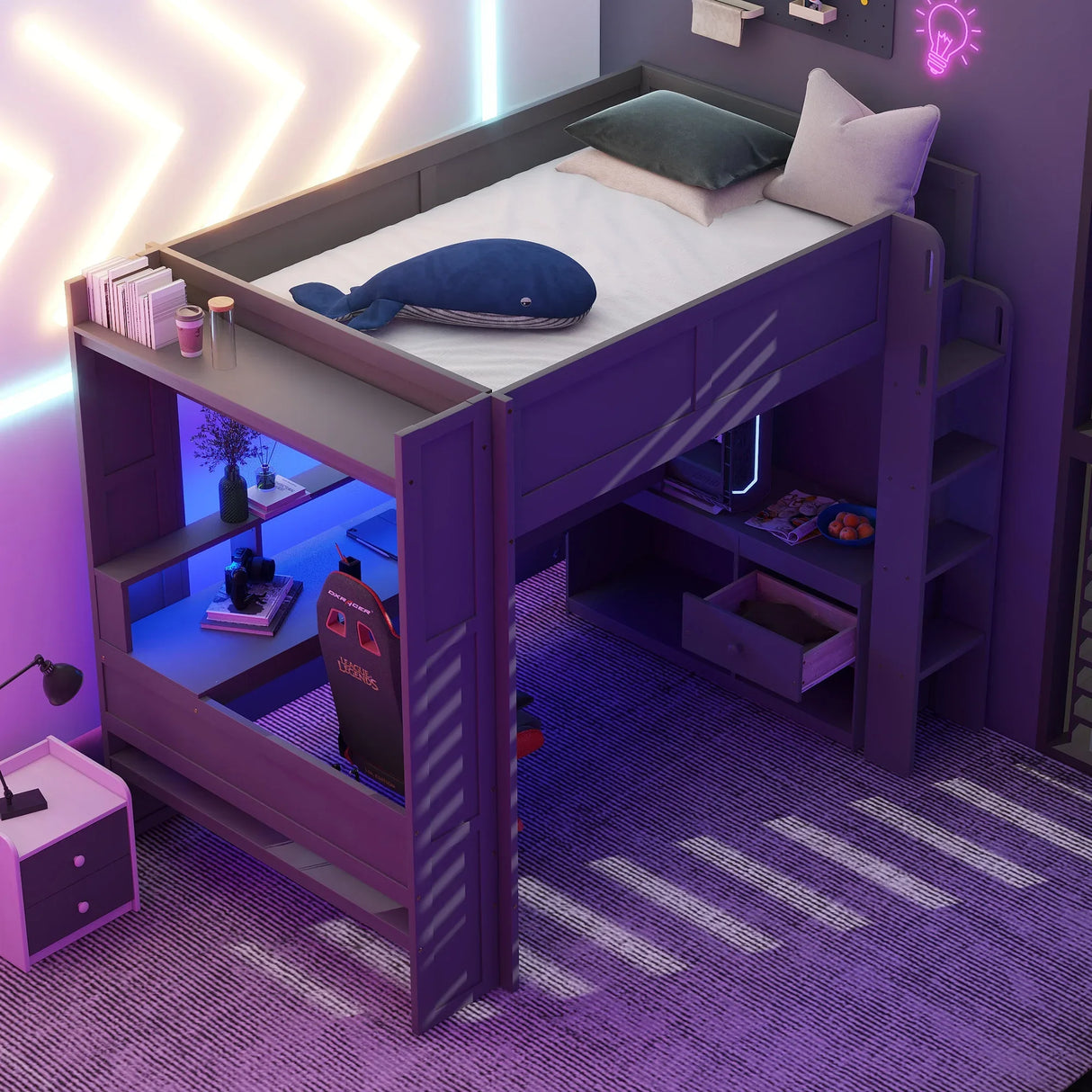 Full Wood Gaming Loft Bed Frame With Desk LED Charging Station - Omega Lifestyles