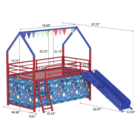 Twin Metal Junior House Loft Bed With Slide And Curtain - Omega Lifestyles