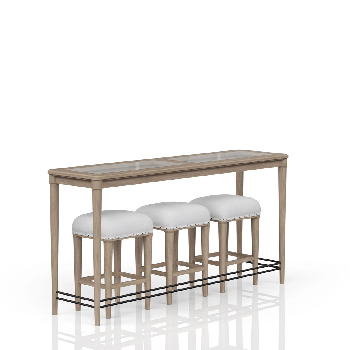 Transitional Sand Finish Frosted Glass Console Table With Stools - Omega Lifestyles