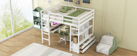 Full White Pine Full Loft Bed With Built-In Desk - Omega Lifestyles