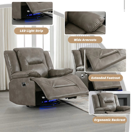 Modern 3-Seater Grey Leather Gel Recliner Chair With LED Light - Omega Lifestyles