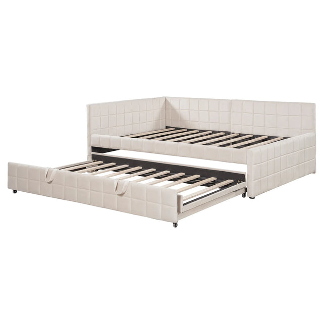 Full Upholstered L-Shaped Daybed With Twin Trundle and USB Ports - Omega Lifestyles