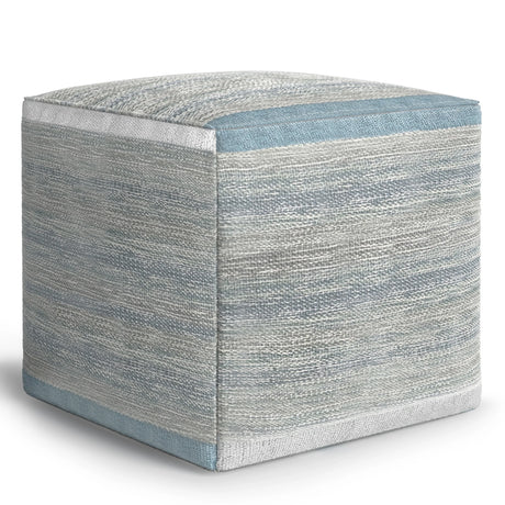 Blue Melange Upholstered Fabric Cube Pouf Ottoman - Omega Lifestyles