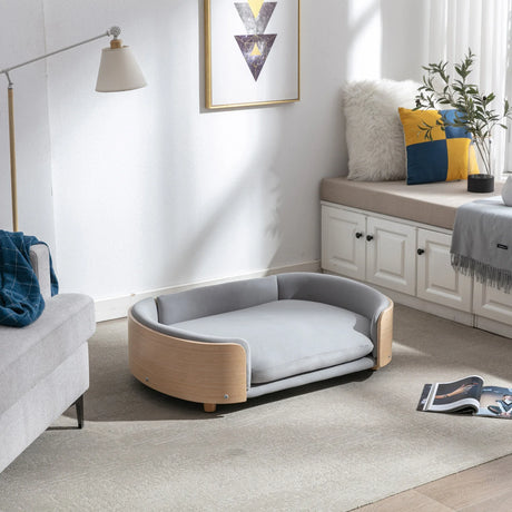 Scandinavian Solid Wood Elevated Pet Sofa Bed With Velvet Cushion - Omega Lifestyles